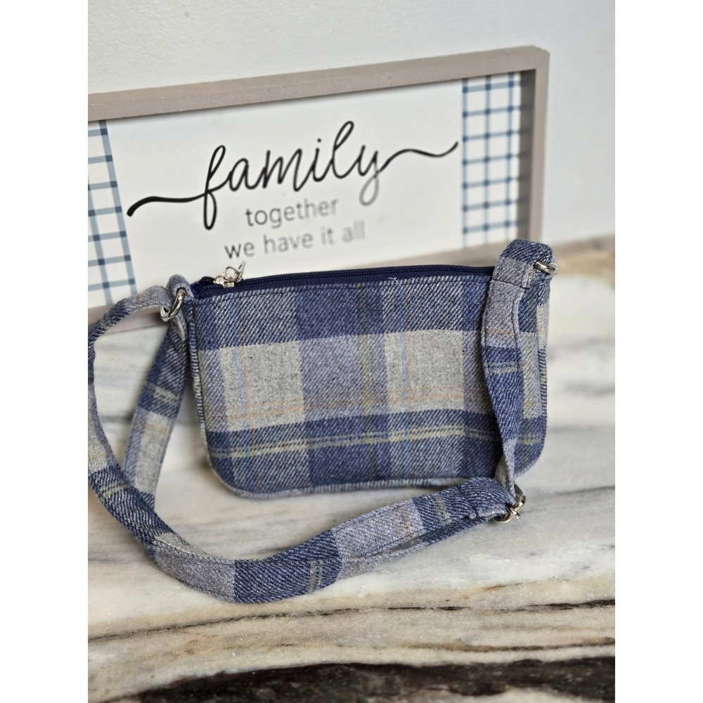 Earth Squared Blue Grey Plaid Wool Blend Crossbody Bag Fair Trade Zippered Purse